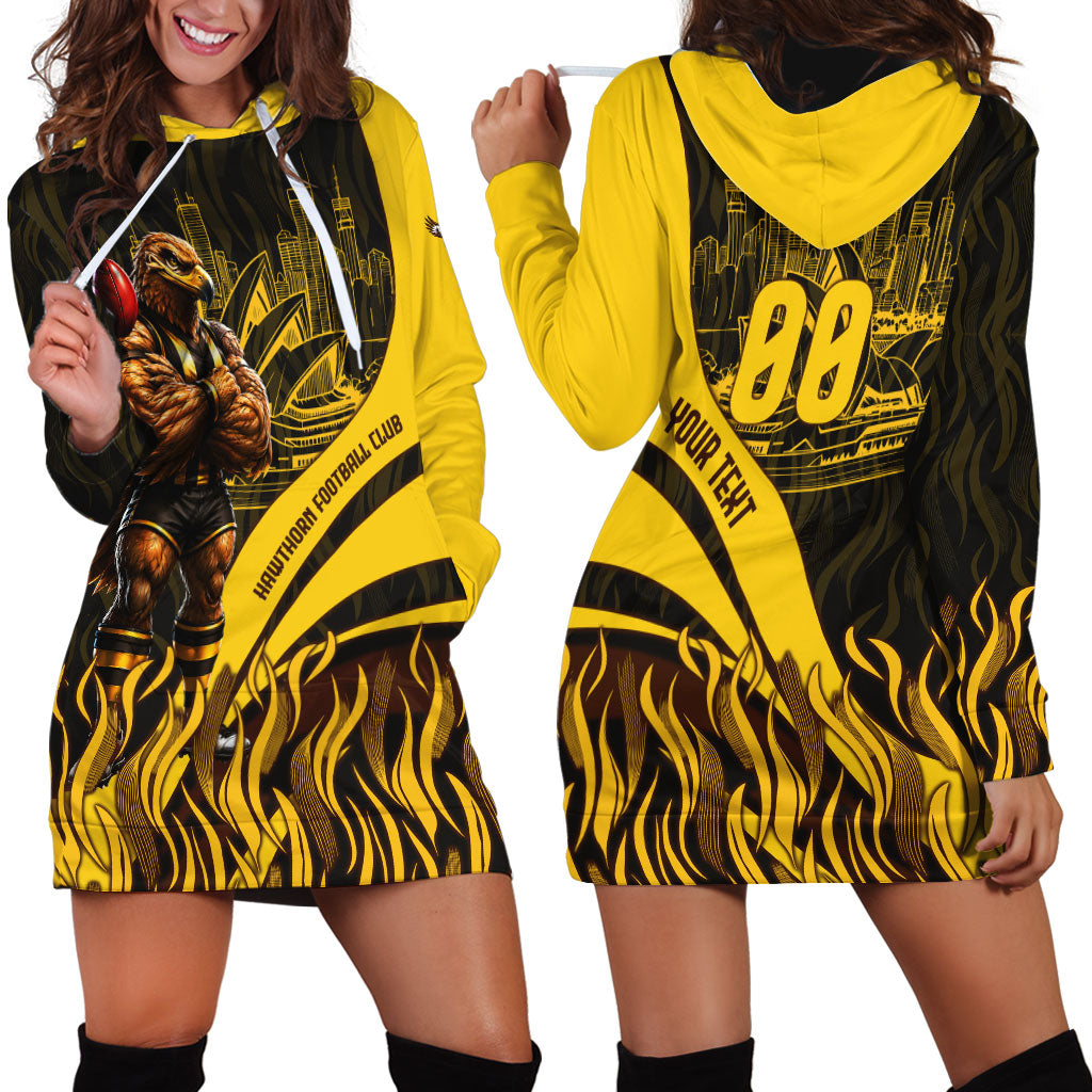 Personalised Hawthorn Hawks Football Hoodie Dress Australian City Skyline Graphic Fierce Mascot Art