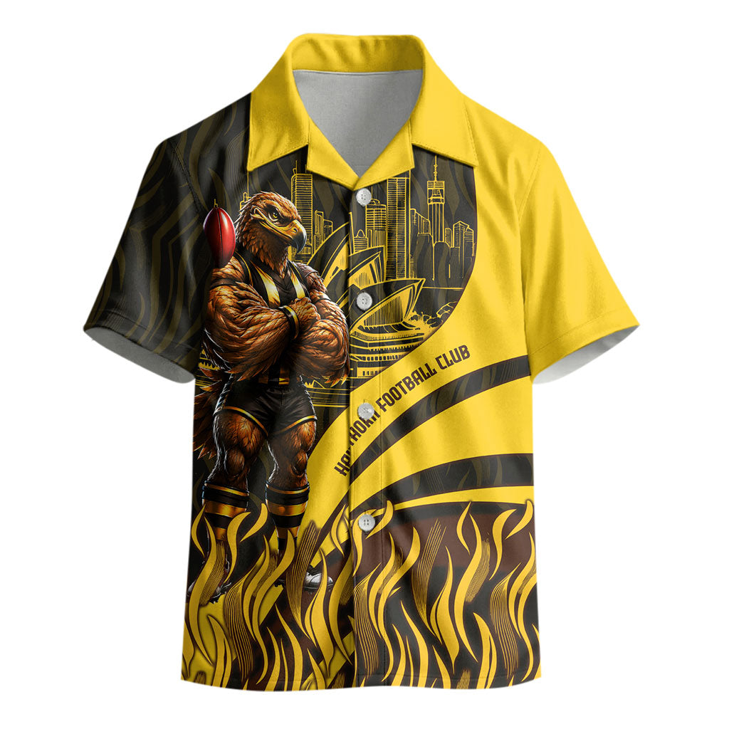 Personalised Hawthorn Hawks Football Kid Hawaiian Shirt Australian City Skyline Graphic Fierce Mascot Art