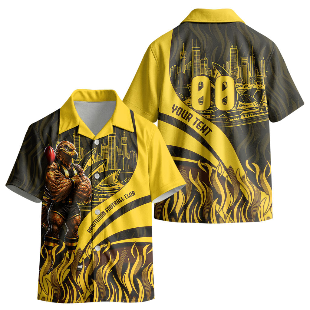 Personalised Hawthorn Hawks Football Kid Hawaiian Shirt Australian City Skyline Graphic Fierce Mascot Art
