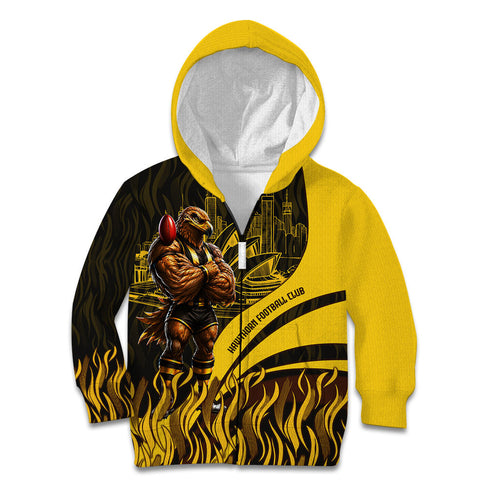 Personalised Hawthorn Hawks Football Kid Hoodie Australian City Skyline Graphic Fierce Mascot Art