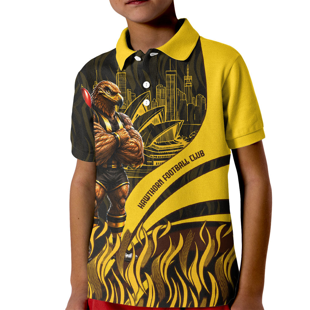 Personalised Hawthorn Hawks Football Kid Polo Shirt Australian City Skyline Graphic Fierce Mascot Art