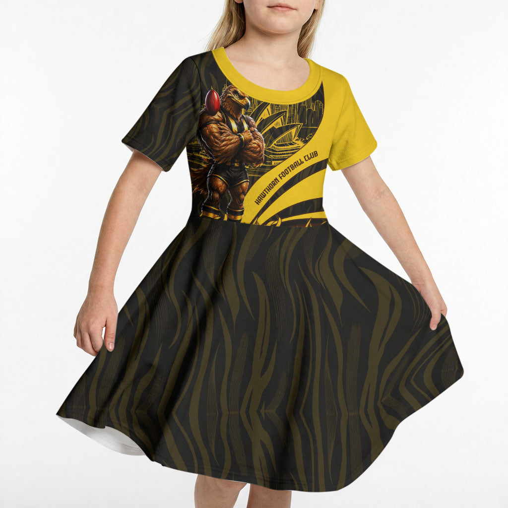 Personalised Hawthorn Hawks Football Kid Short Sleeve Dress Australian City Skyline Graphic Fierce Mascot Art