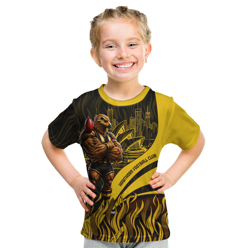 Personalised Hawthorn Hawks Football Kid T Shirt Australian City Skyline Graphic Fierce Mascot Art