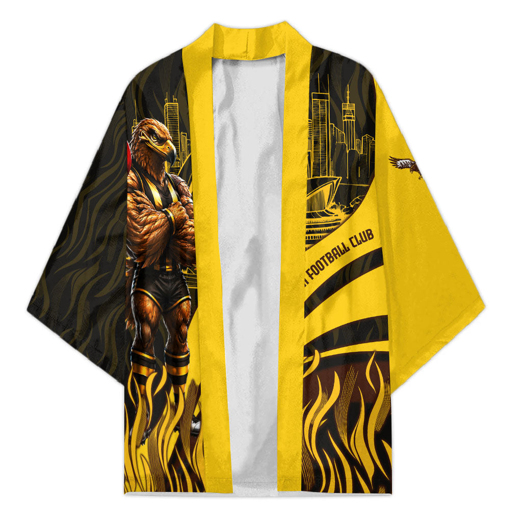 Personalised Hawthorn Hawks Football Kimono Australian City Skyline Graphic Fierce Mascot Art
