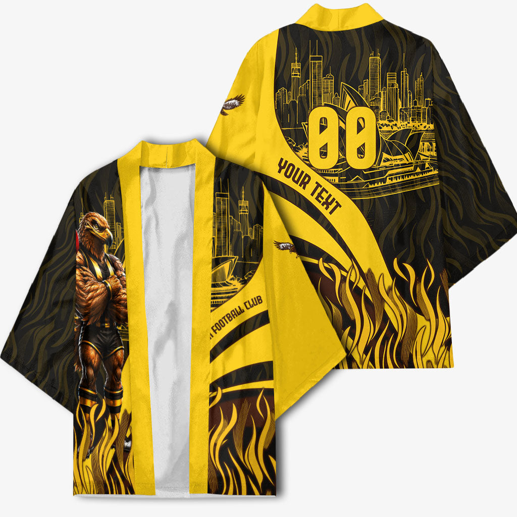 Personalised Hawthorn Hawks Football Kimono Australian City Skyline Graphic Fierce Mascot Art