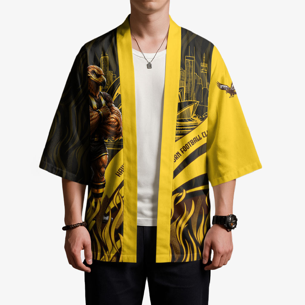 Personalised Hawthorn Hawks Football Kimono Australian City Skyline Graphic Fierce Mascot Art