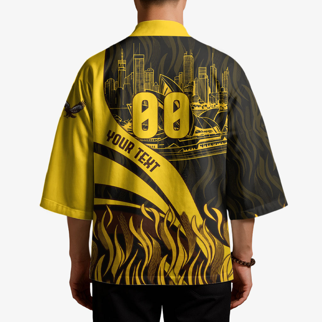 Personalised Hawthorn Hawks Football Kimono Australian City Skyline Graphic Fierce Mascot Art