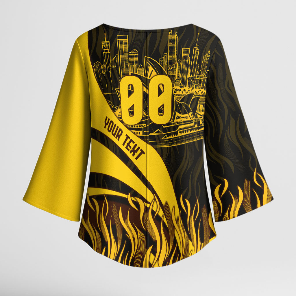 Personalised Hawthorn Hawks Football Kimono Sleeve Blouse Australian City Skyline Graphic Fierce Mascot Art