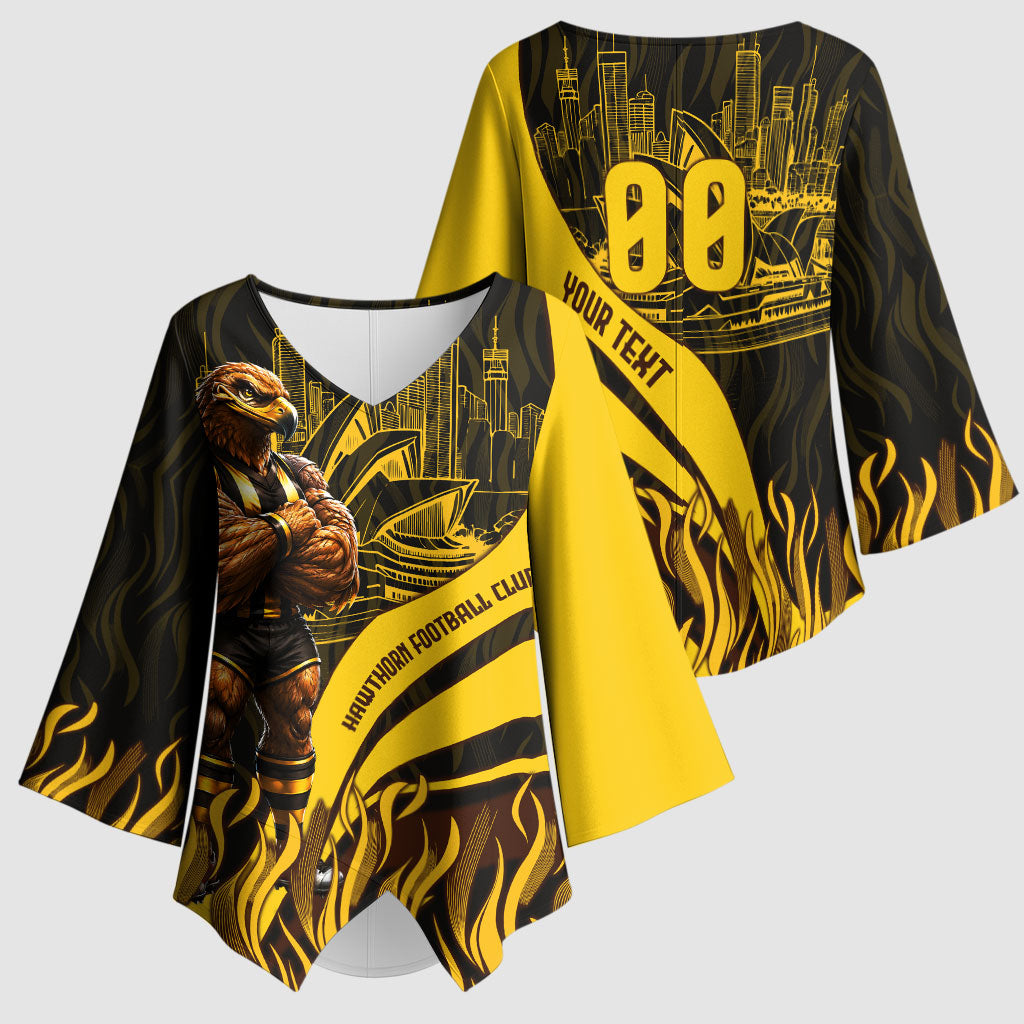 Personalised Hawthorn Hawks Football Kimono Sleeve Blouse Australian City Skyline Graphic Fierce Mascot Art