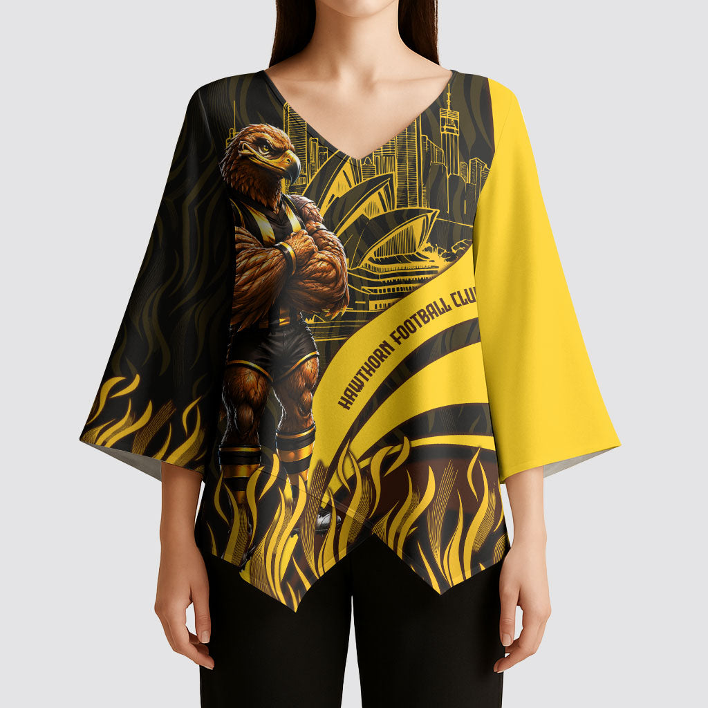 Personalised Hawthorn Hawks Football Kimono Sleeve Blouse Australian City Skyline Graphic Fierce Mascot Art