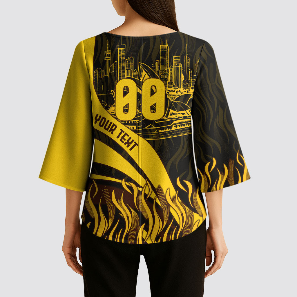Personalised Hawthorn Hawks Football Kimono Sleeve Blouse Australian City Skyline Graphic Fierce Mascot Art