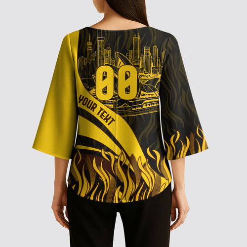 Personalised Hawthorn Hawks Football Kimono Sleeve Blouse Australian City Skyline Graphic Fierce Mascot Art