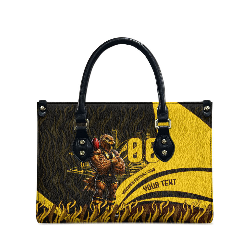 Personalised Hawthorn Hawks Football Leather Bag Australian City Skyline Graphic Fierce Mascot Art