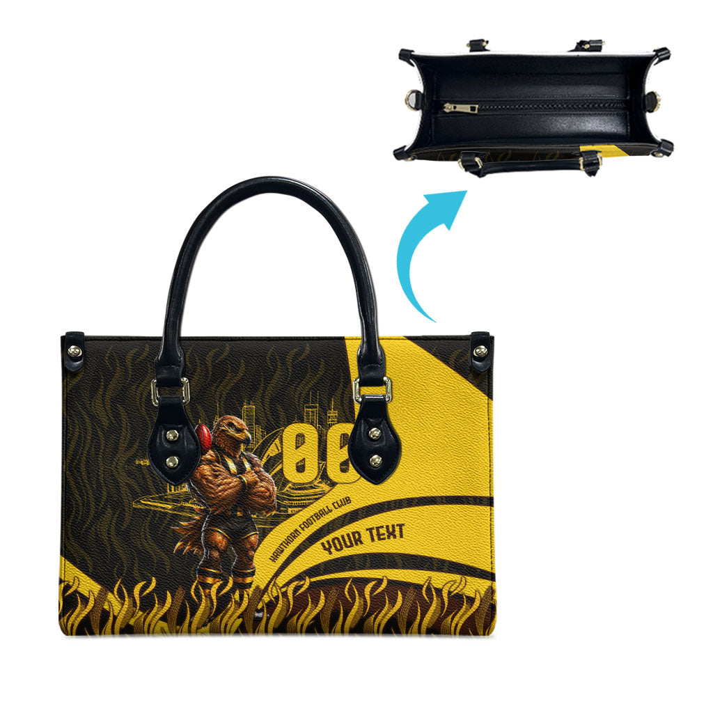 Personalised Hawthorn Hawks Football Leather Bag Australian City Skyline Graphic Fierce Mascot Art