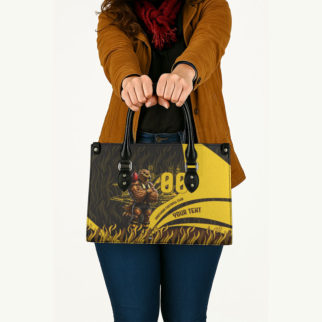 Personalised Hawthorn Hawks Football Leather Bag Australian City Skyline Graphic Fierce Mascot Art