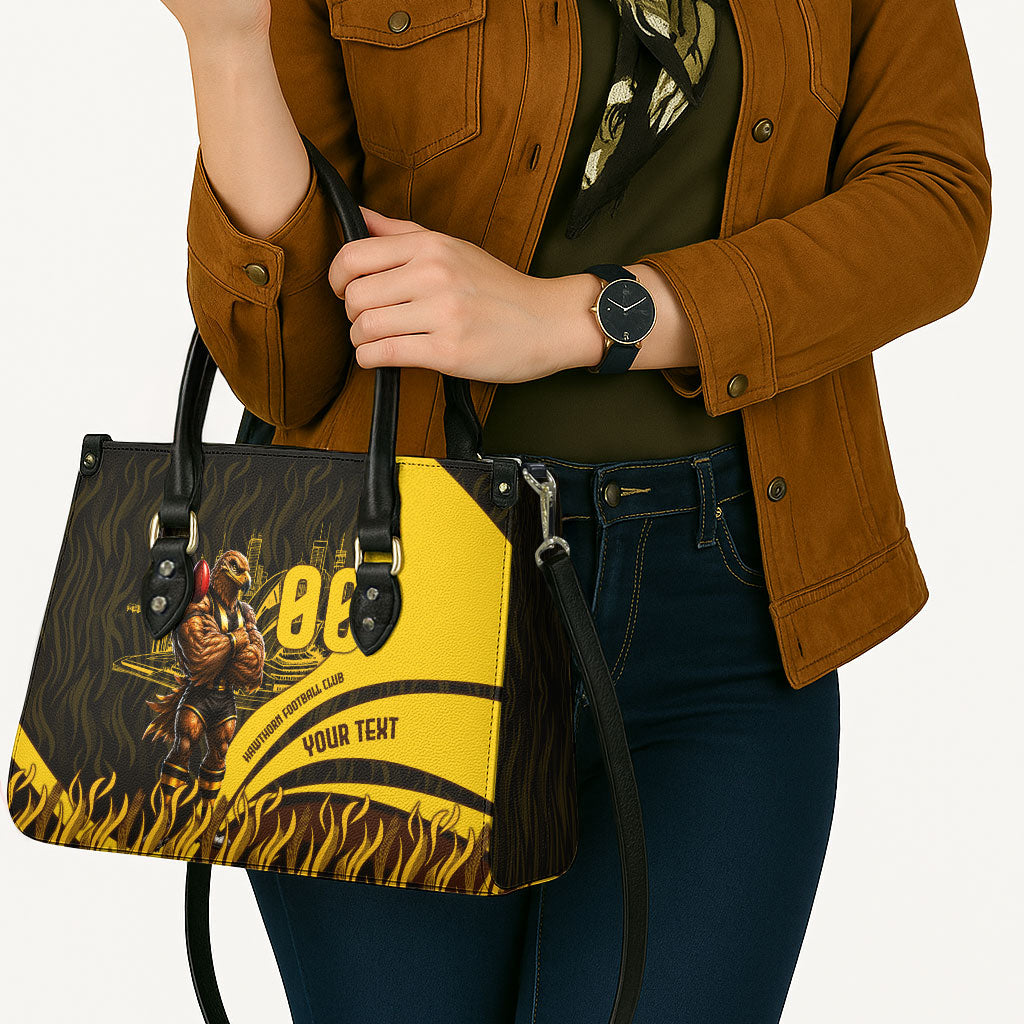 Personalised Hawthorn Hawks Football Leather Bag Australian City Skyline Graphic Fierce Mascot Art