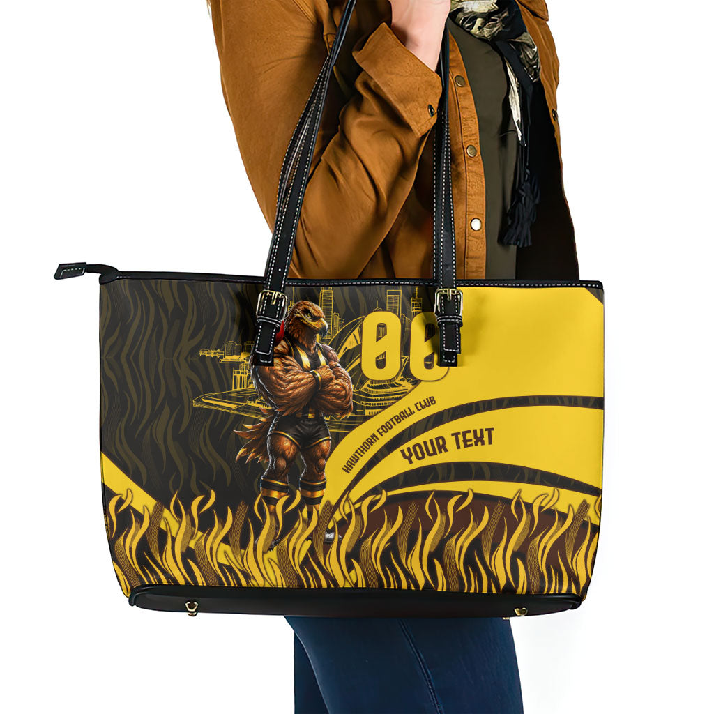 Personalised Hawthorn Hawks Football Leather Tote Bag Australian City Skyline Graphic Fierce Mascot Art