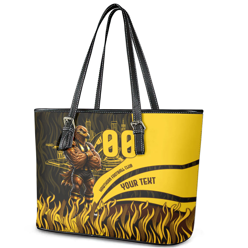 Personalised Hawthorn Hawks Football Leather Tote Bag Australian City Skyline Graphic Fierce Mascot Art