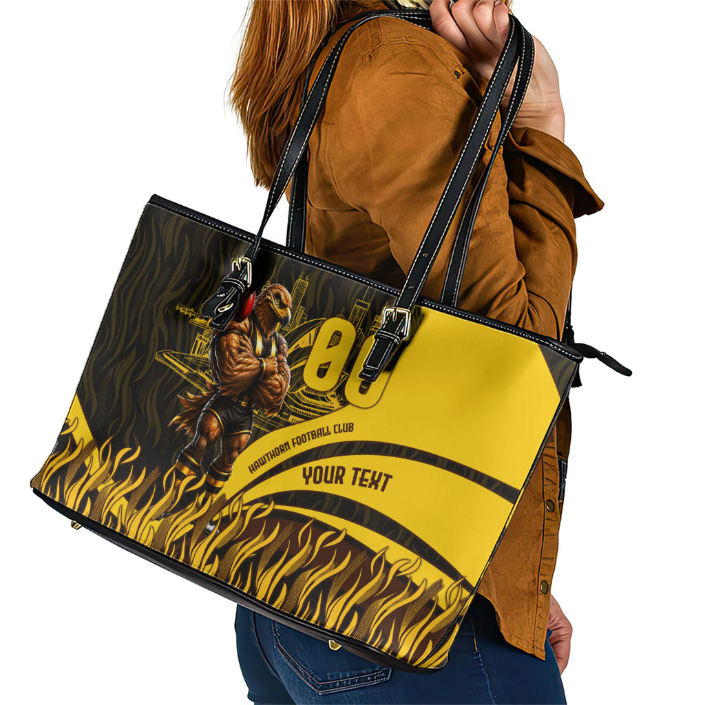 Personalised Hawthorn Hawks Football Leather Tote Bag Australian City Skyline Graphic Fierce Mascot Art