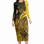 Personalised Hawthorn Hawks Football Long Sleeve Bodycon Dress Australian City Skyline Graphic Fierce Mascot Art
