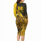 Personalised Hawthorn Hawks Football Long Sleeve Bodycon Dress Australian City Skyline Graphic Fierce Mascot Art