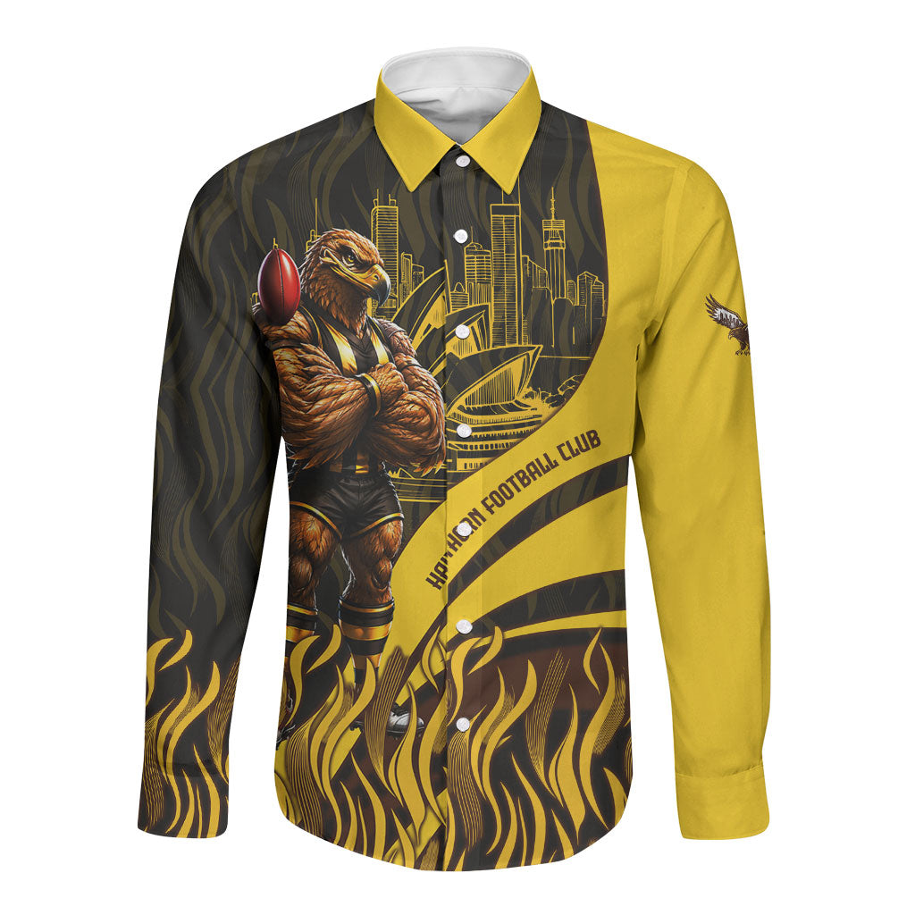 Personalised Hawthorn Hawks Football Long Sleeve Button Shirt Australian City Skyline Graphic Fierce Mascot Art