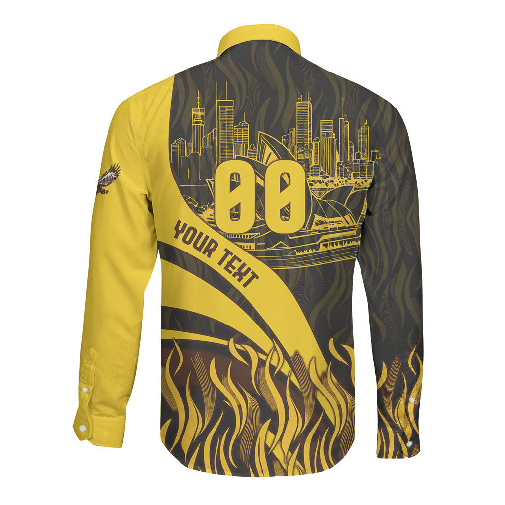 Personalised Hawthorn Hawks Football Long Sleeve Button Shirt Australian City Skyline Graphic Fierce Mascot Art