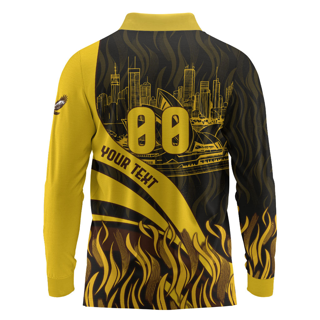 Personalised Hawthorn Hawks Football Long Sleeve Polo Shirt Australian City Skyline Graphic Fierce Mascot Art