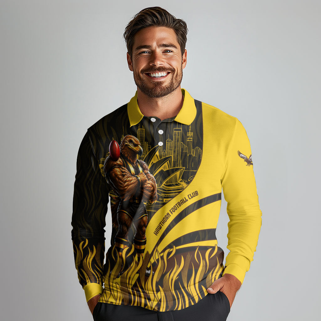 Personalised Hawthorn Hawks Football Long Sleeve Polo Shirt Australian City Skyline Graphic Fierce Mascot Art