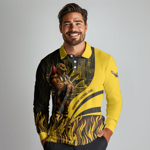 Personalised Hawthorn Hawks Football Long Sleeve Polo Shirt Australian City Skyline Graphic Fierce Mascot Art