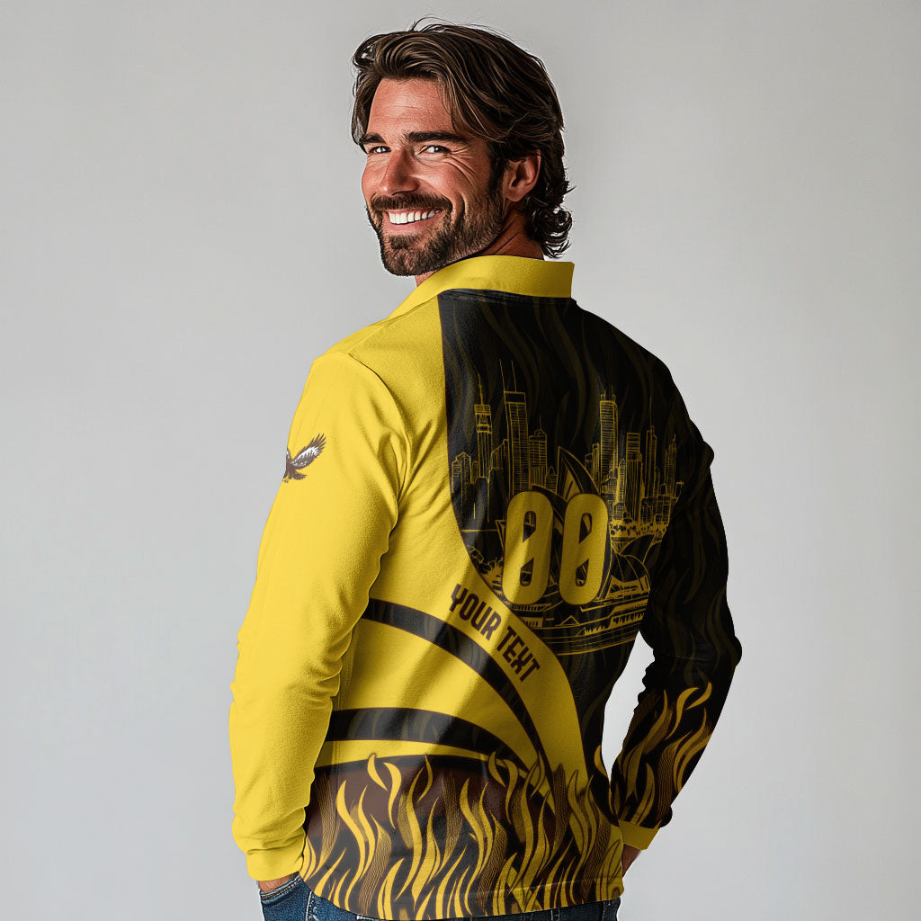 Personalised Hawthorn Hawks Football Long Sleeve Polo Shirt Australian City Skyline Graphic Fierce Mascot Art