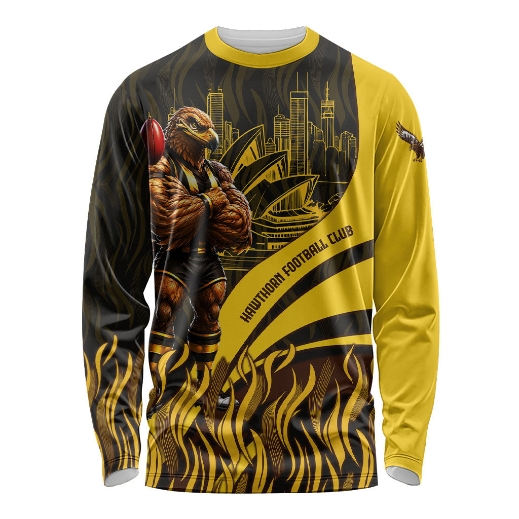 Personalised Hawthorn Hawks Football Long Sleeve Shirt Australian City Skyline Graphic Fierce Mascot Art