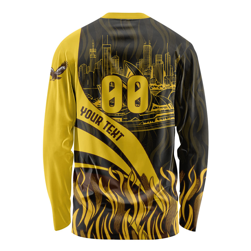 Personalised Hawthorn Hawks Football Long Sleeve Shirt Australian City Skyline Graphic Fierce Mascot Art