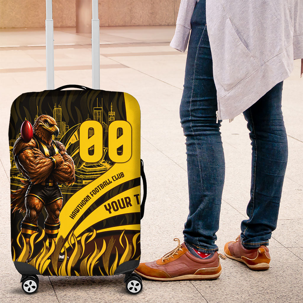 Personalised Hawthorn Hawks Football Luggage Cover Australian City Skyline Graphic Fierce Mascot Art
