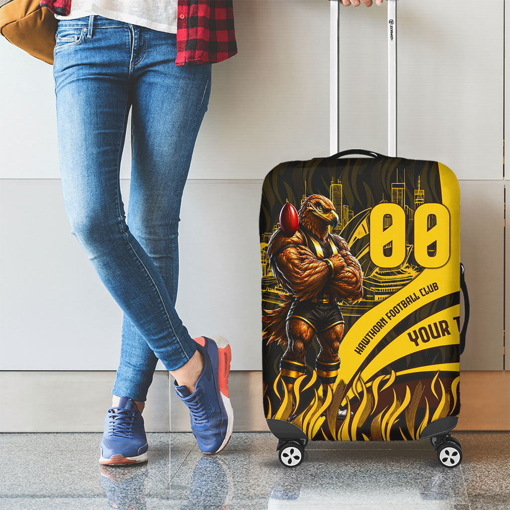 Personalised Hawthorn Hawks Football Luggage Cover Australian City Skyline Graphic Fierce Mascot Art