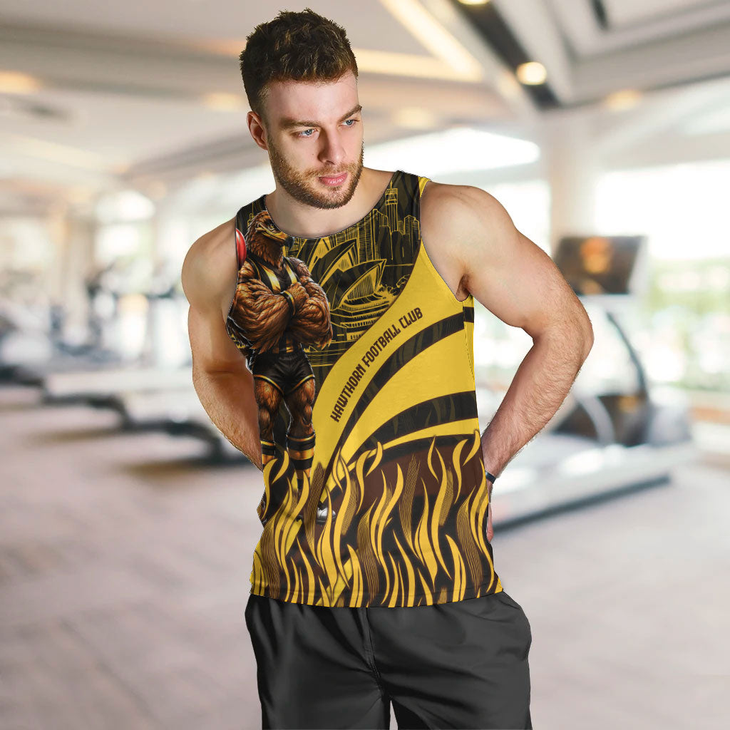 Personalised Hawthorn Hawks Football Men Tank Top Australian City Skyline Graphic Fierce Mascot Art