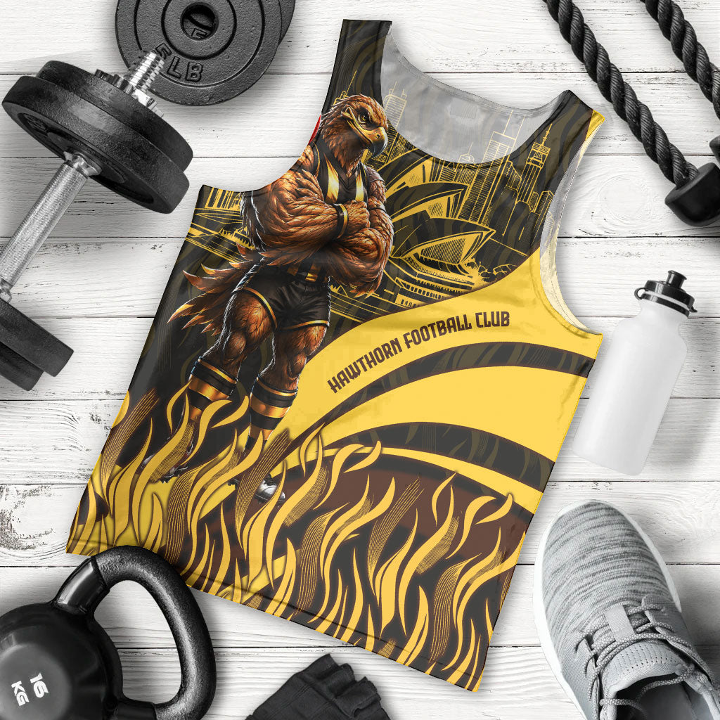 Personalised Hawthorn Hawks Football Men Tank Top Australian City Skyline Graphic Fierce Mascot Art