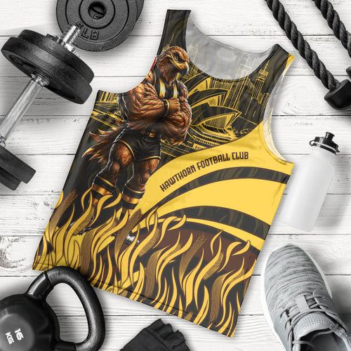 Personalised Hawthorn Hawks Football Men Tank Top Australian City Skyline Graphic Fierce Mascot Art