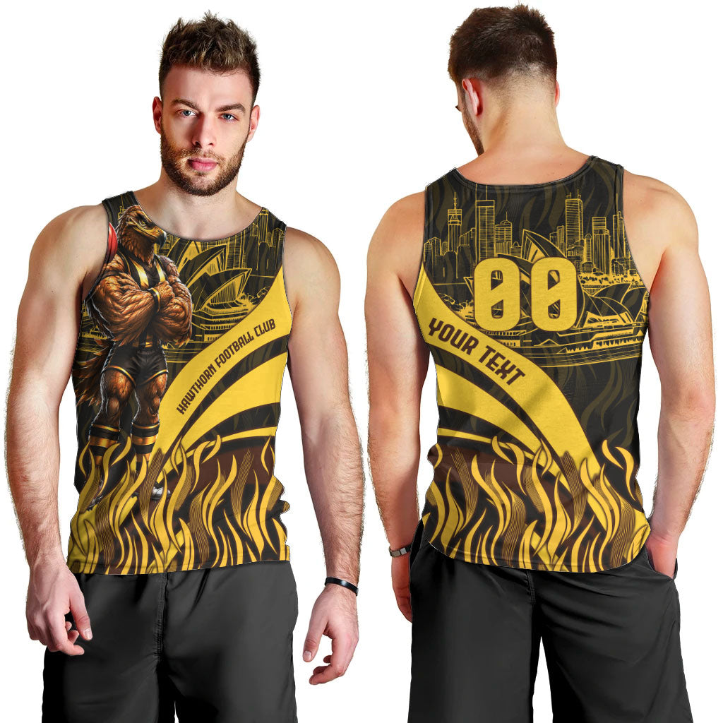 Personalised Hawthorn Hawks Football Men Tank Top Australian City Skyline Graphic Fierce Mascot Art
