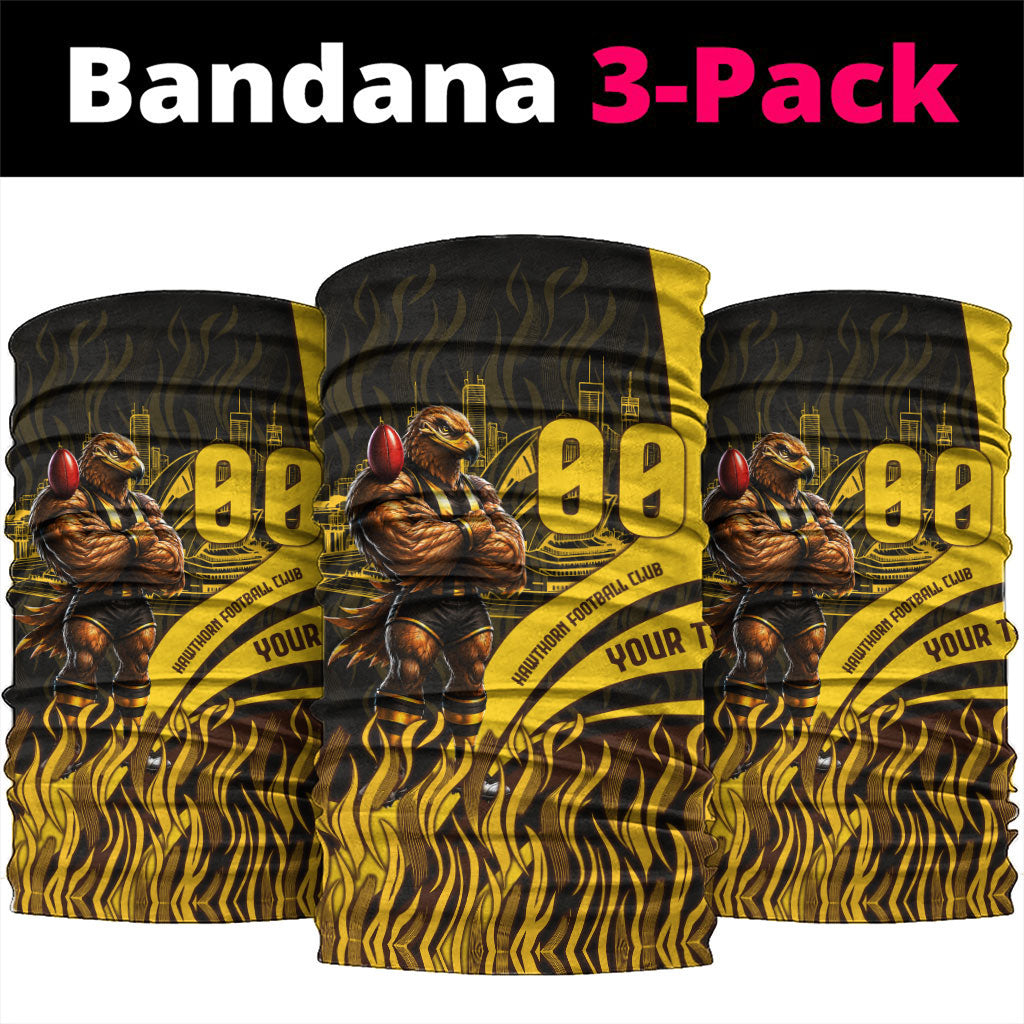 Personalised Hawthorn Hawks Football Neck Gaiter Australian City Skyline Graphic Fierce Mascot Art