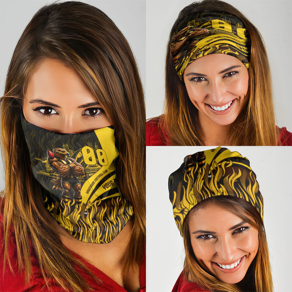 Personalised Hawthorn Hawks Football Neck Gaiter Australian City Skyline Graphic Fierce Mascot Art