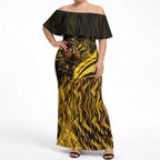 Personalised Hawthorn Hawks Football Off Shoulder Maxi Dress Australian City Skyline Graphic Fierce Mascot Art