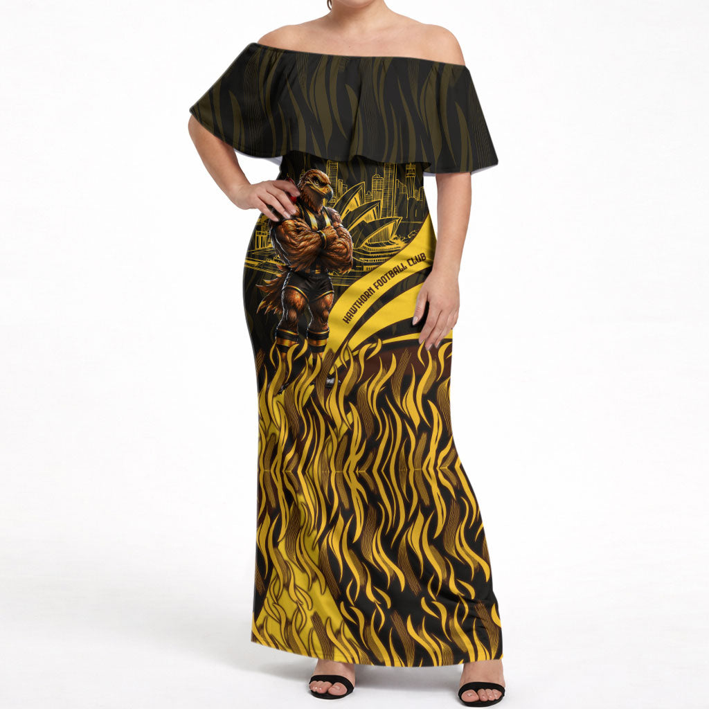 Personalised Hawthorn Hawks Football Off Shoulder Maxi Dress Australian City Skyline Graphic Fierce Mascot Art