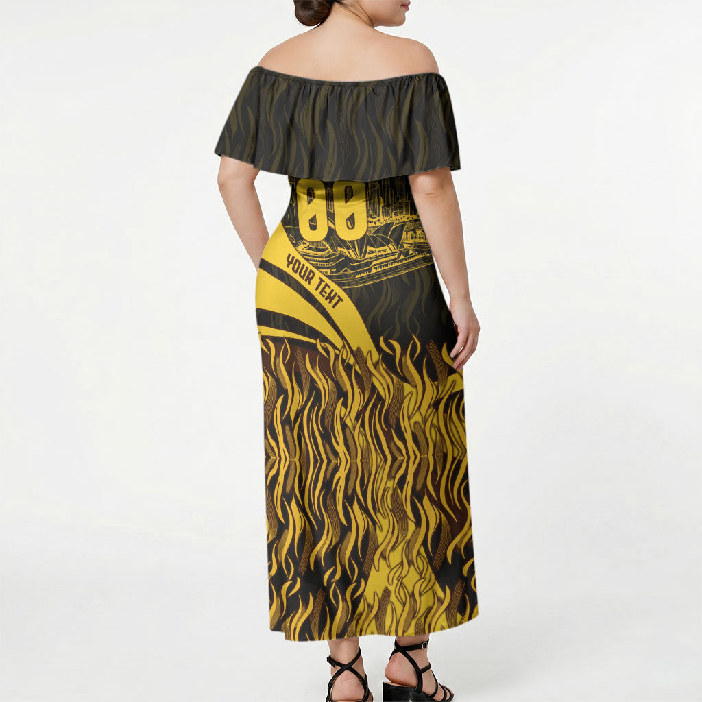 Personalised Hawthorn Hawks Football Off Shoulder Maxi Dress Australian City Skyline Graphic Fierce Mascot Art