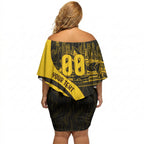 Personalised Hawthorn Hawks Football Off Shoulder Short Dress Australian City Skyline Graphic Fierce Mascot Art