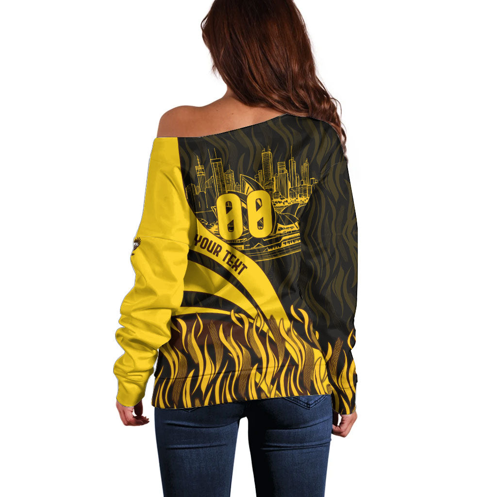 Personalised Hawthorn Hawks Football Off Shoulder Sweater Australian City Skyline Graphic Fierce Mascot Art