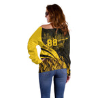 Personalised Hawthorn Hawks Football Off Shoulder Sweater Australian City Skyline Graphic Fierce Mascot Art