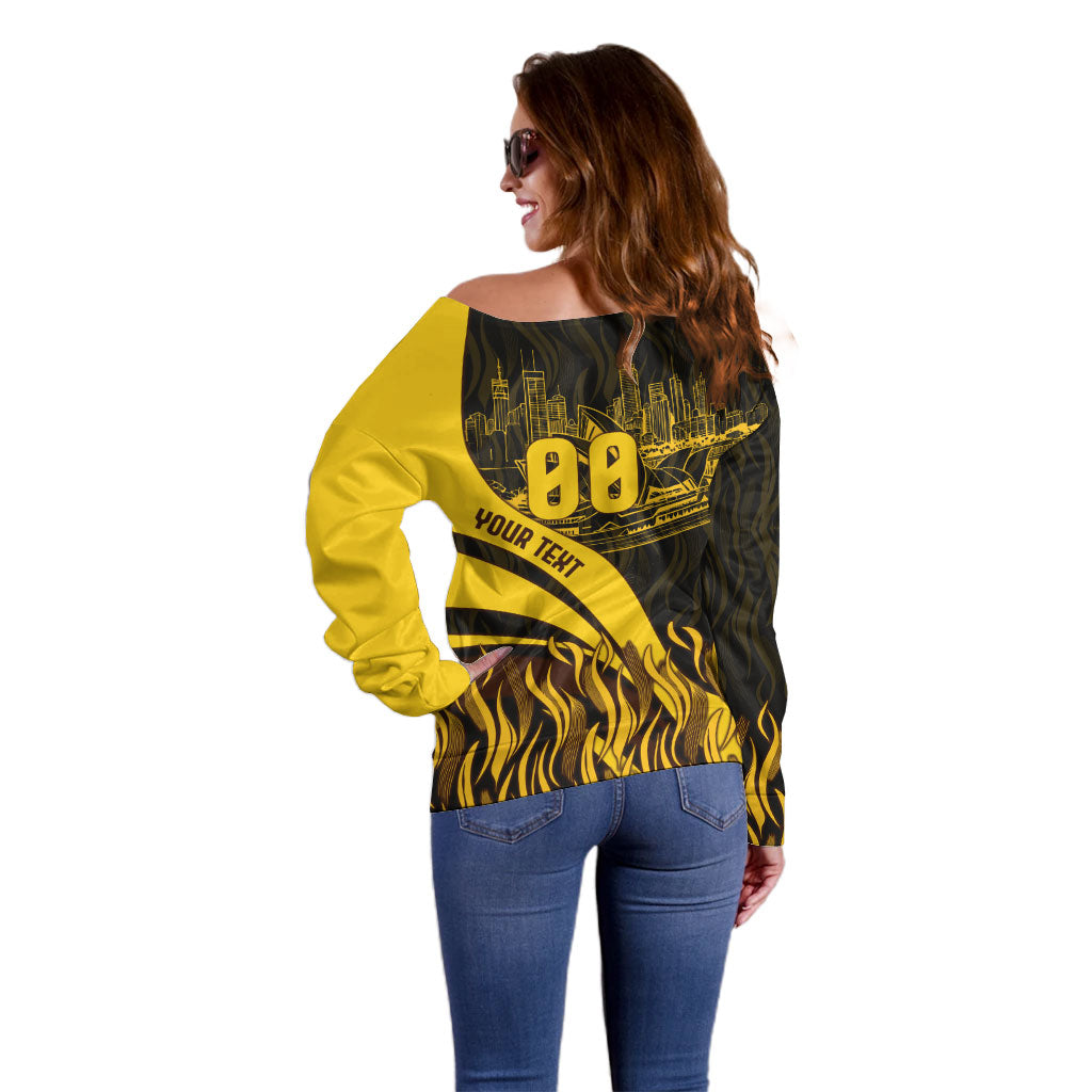 Personalised Hawthorn Hawks Football Off Shoulder Sweater Australian City Skyline Graphic Fierce Mascot Art