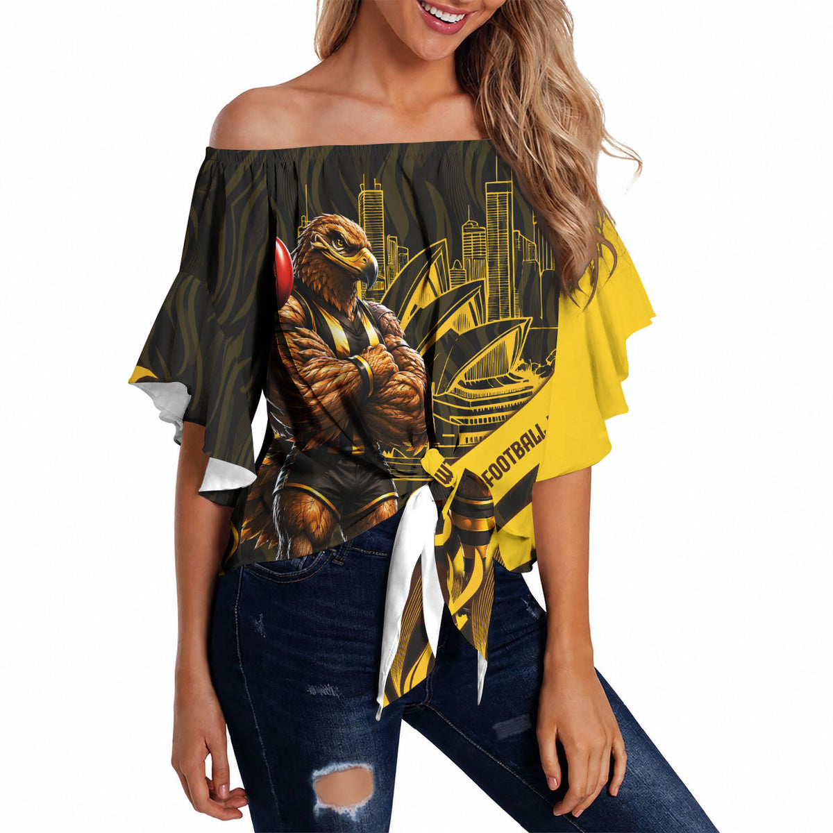 Personalised Hawthorn Hawks Football Off Shoulder Wrap Waist Top Australian City Skyline Graphic Fierce Mascot Art