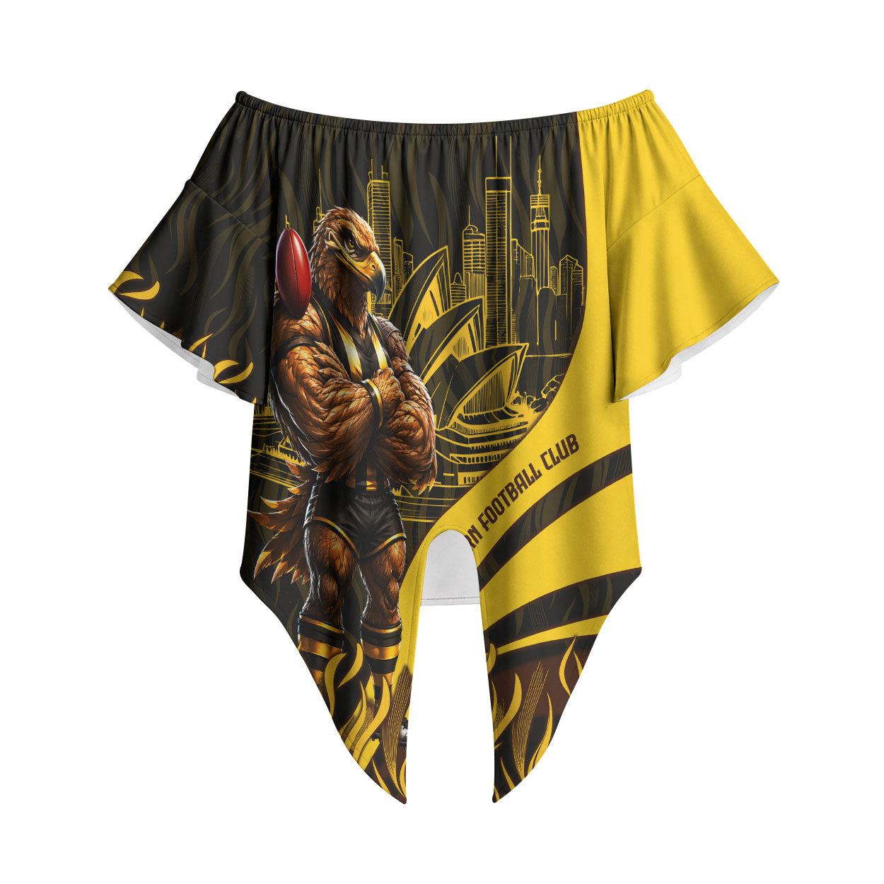 Personalised Hawthorn Hawks Football Off Shoulder Wrap Waist Top Australian City Skyline Graphic Fierce Mascot Art
